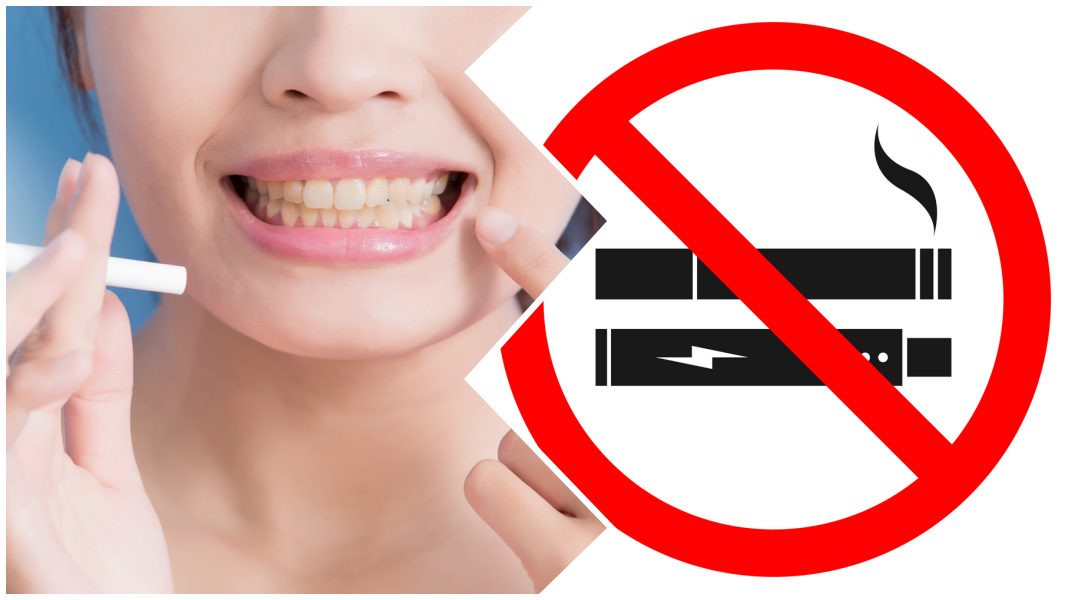 Woman holding cigarettes with yellow teeth no smoking or vaping sign