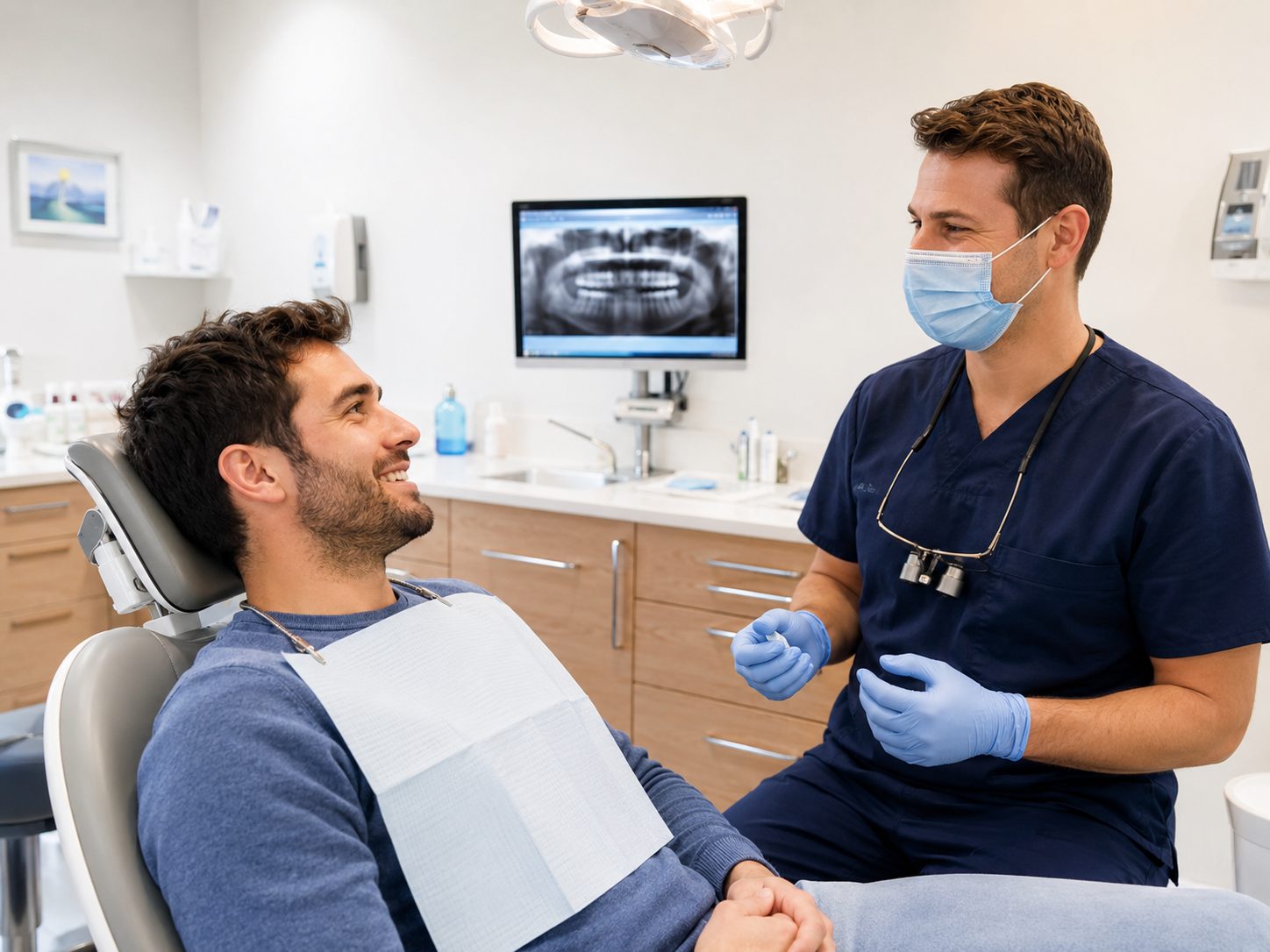 male dental patient with receding gum speaking with a male dentist